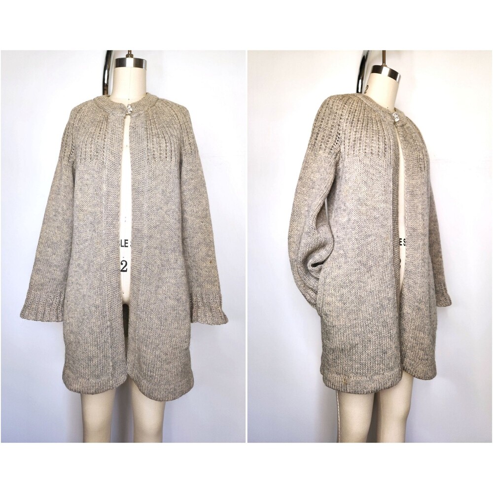 Vintage Chunky Knitted Wool Cardigan Sweater Gray with Pockets XS